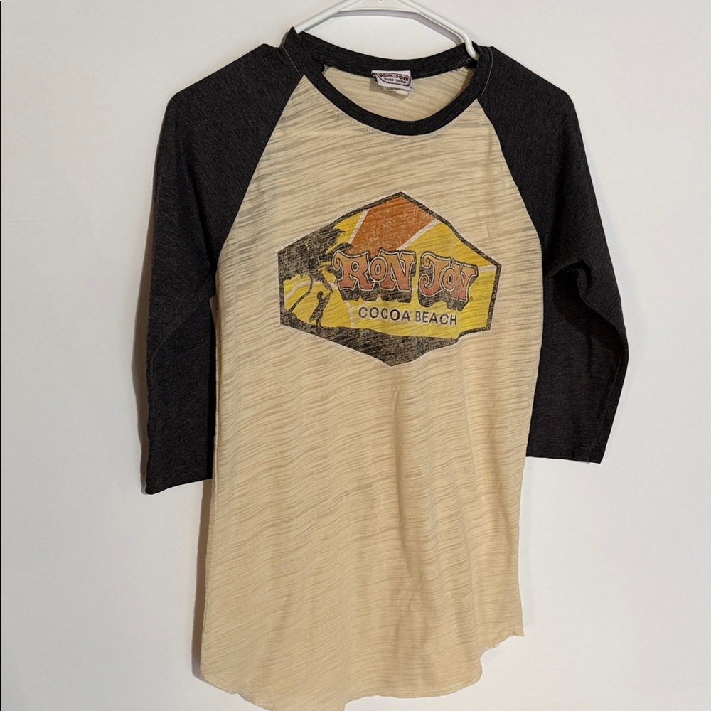 Ron Jon Cream and Black Raglan Tee with Cocoa Beach Graphic